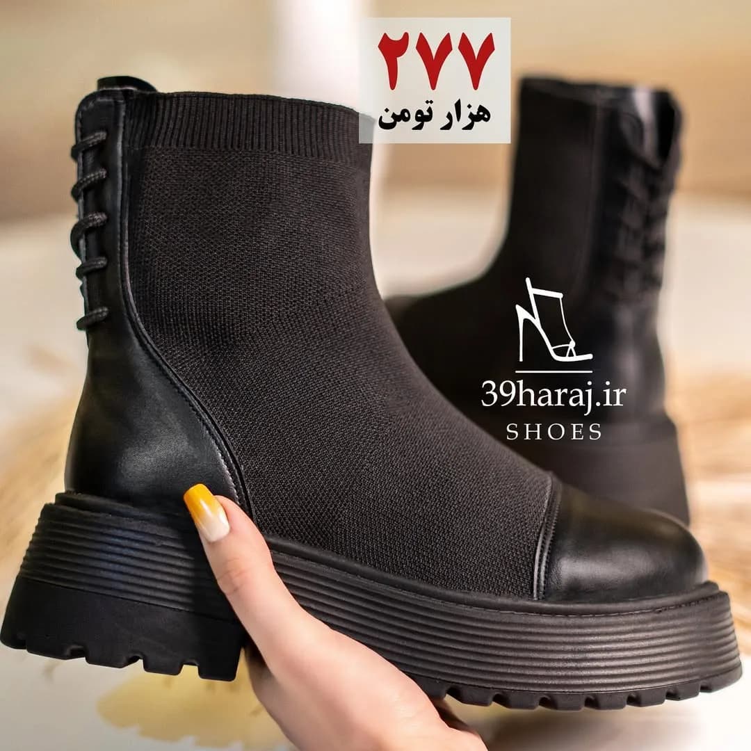 بوت جورابی زنانه، رنگ مشکی، جنس بافتنی و چرم، نیمساق جورابی لژدار