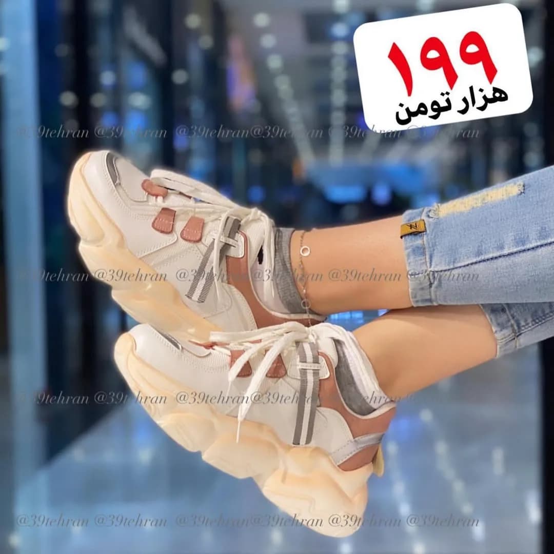 کفش کتانی زنانه، رنگ سفید و قهوهای، جنس چرم مصنوعی، کتانی بندی لژدار ضخیم