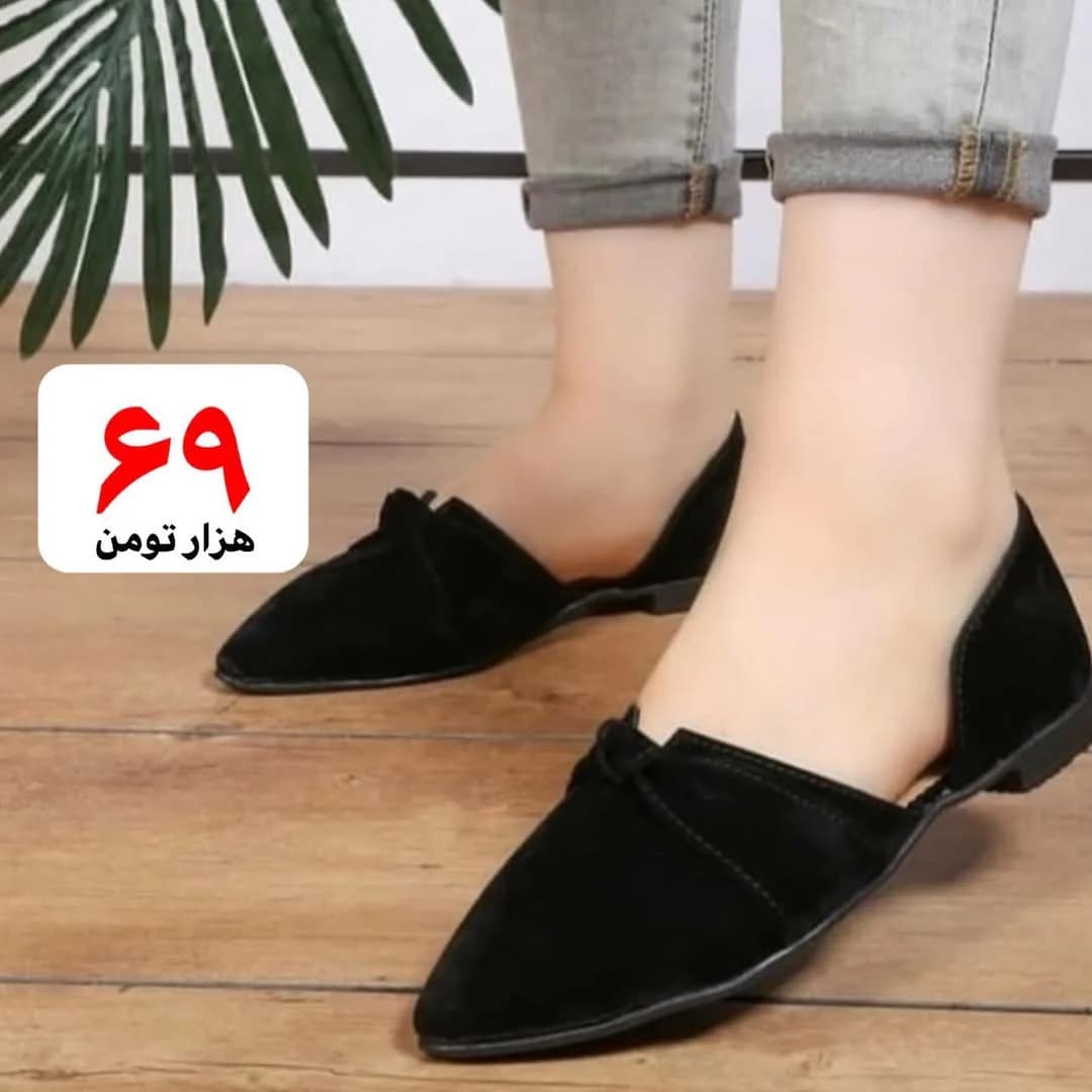 کفش تخت زنانه، رنگ مشکی، جنس جیر، نوکتیز تخت