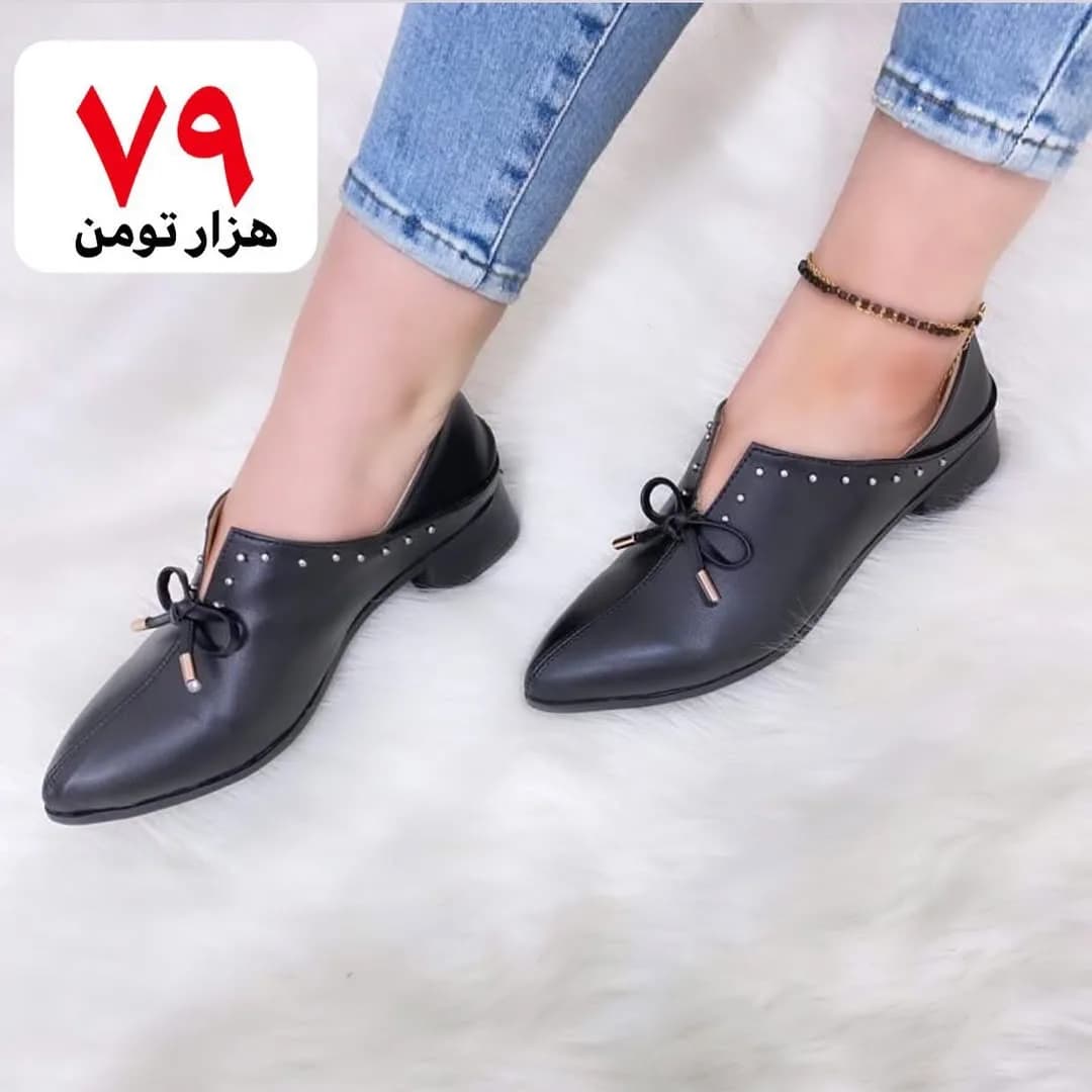 کفش مجلسی زنانه، رنگ مشکی، جنس چرم، پاشنه کوتاه، نوک تیز