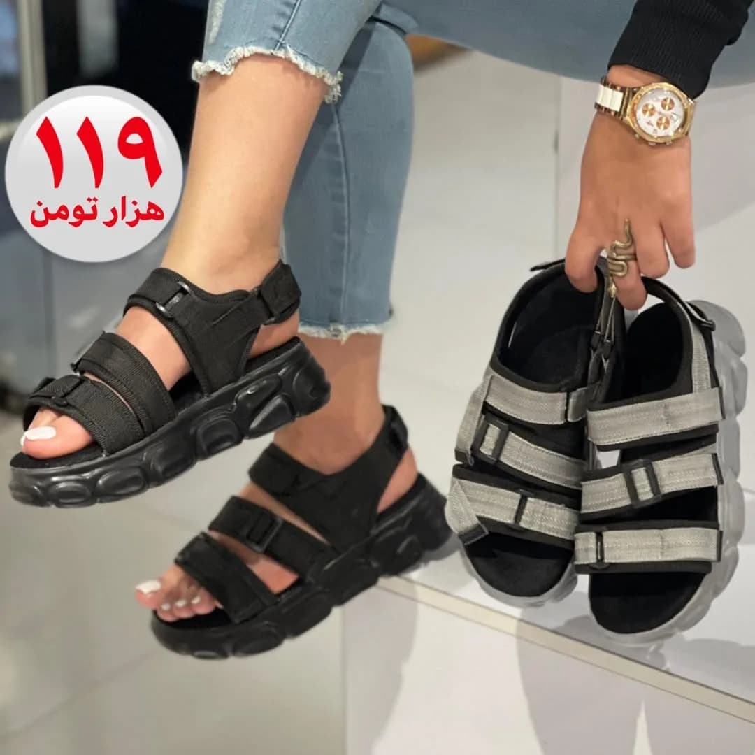 صندل زنانه، رنگ مشکی و خاکستری، صندل اسپرت بندی لژدار