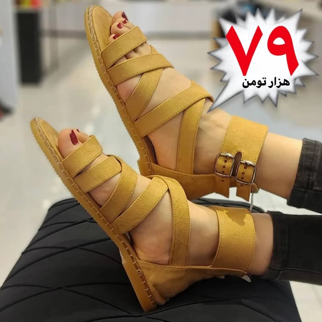 صندل زنانه، رنگ زرد، جنس چرم، صندل بندی تخت