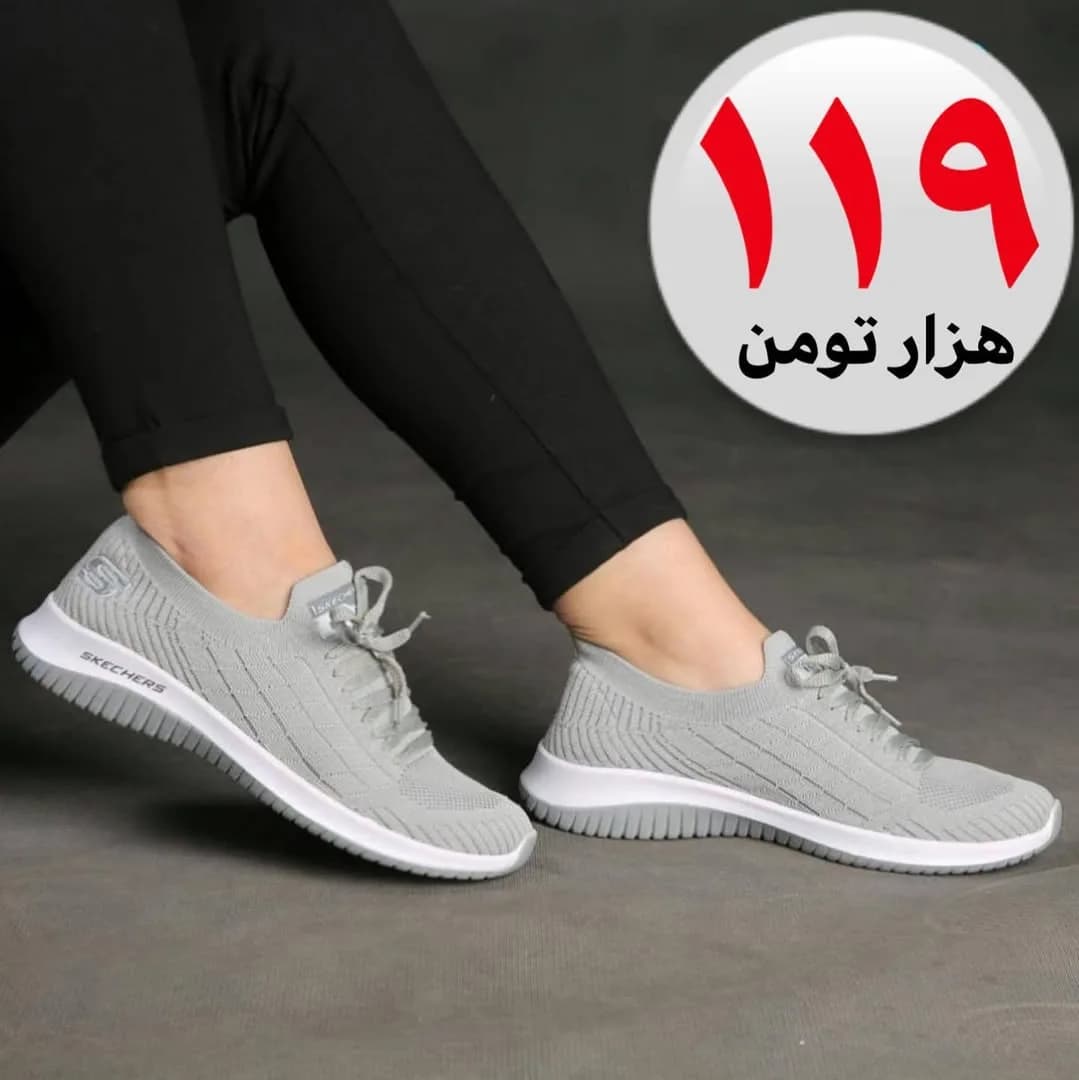 کتانی زیره پیو اسکیچرز، رنگ خاکستری و سفید، جنس پارچه و بافتنی، کتانی اسپرت بندی