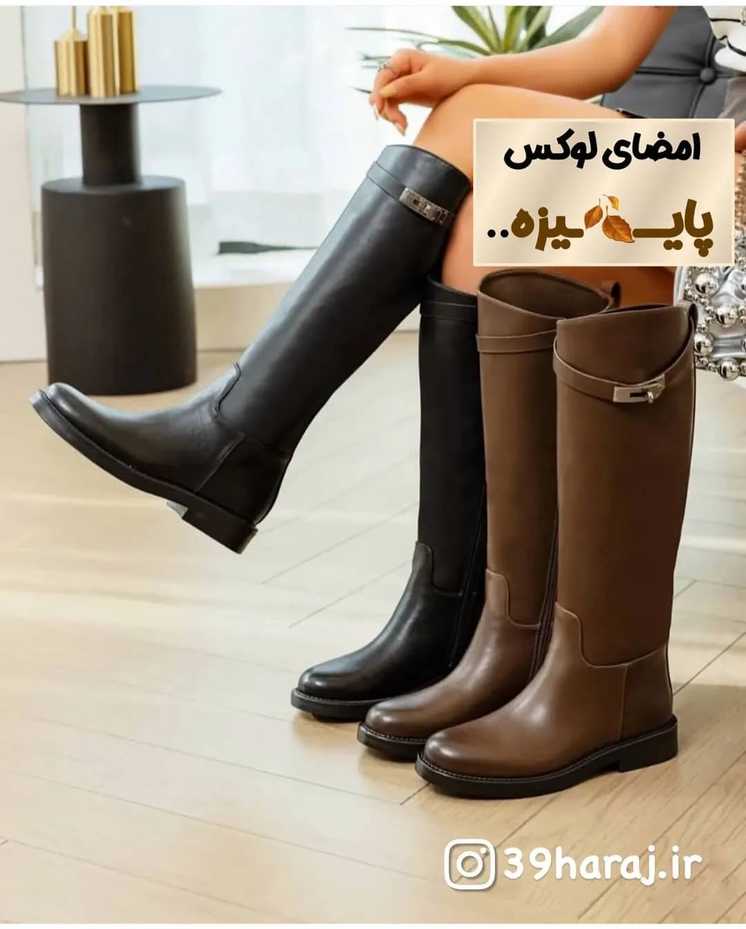 بوت، رنگ مشکی و قهوه‌ای، جنس چرم، ساق بلند، پاشنه تخت، بنددار