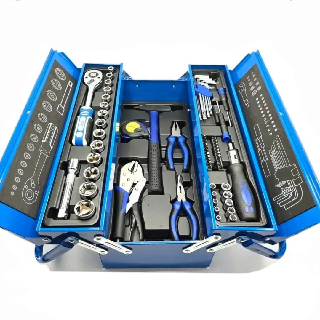 مجموعه جعبه بکس و ابزار ۶۵ عددی صنعتی باس، رنگ آبی، نقرهای و مشکی، جنس فلز و پلاستیک، جعبه بکس فلزی تاشو