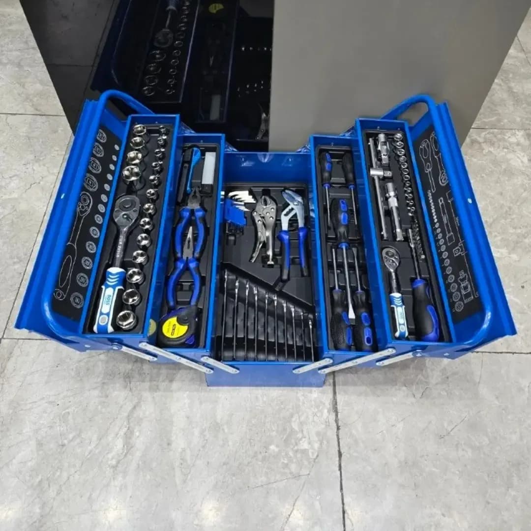 ست ابزار، رنگ آبی، مشکی و نقرهای، جنس فلز و پلاستیک، جعبه ابزار کامل