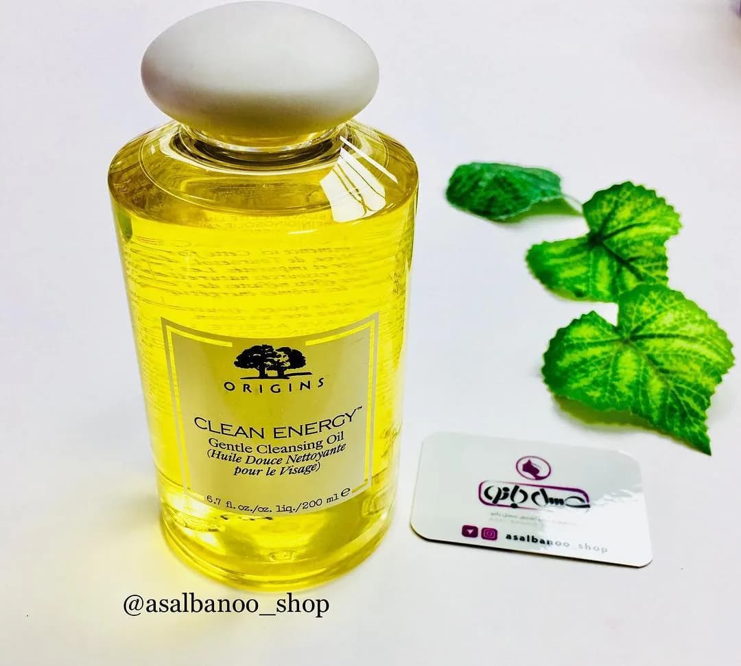 روغن پاککننده آرایش کلین انرژی اوریجینز، رنگ زرد و سفید، جنس پلاستیک و شیشه، بطری استوانهای