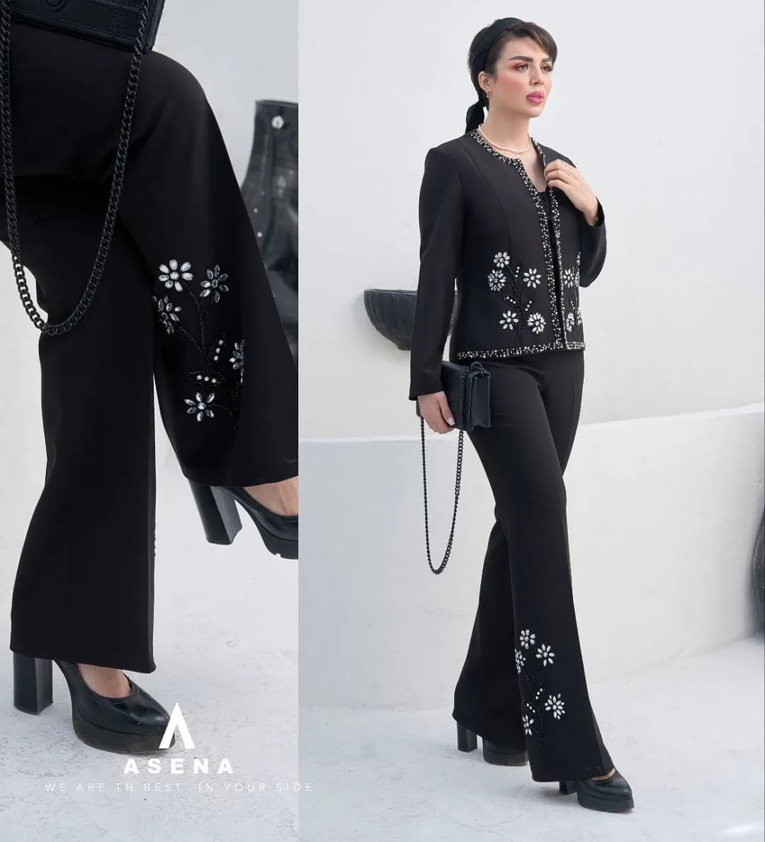 کت و شلوار مجلسی زنانه، رنگ مشکی و سفید، طرح گلدوزی، کت کوتاه، یقه گرد، شلوار دمپا گشاد