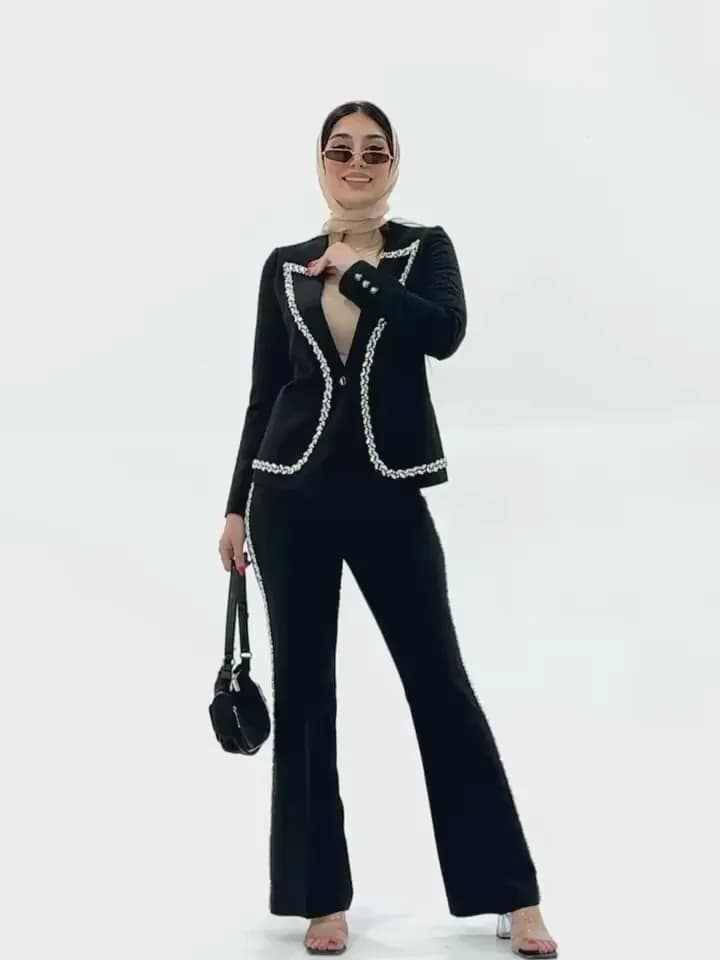 کت و شلوار مجلسی زنانه، رنگ سیاه و سفید، کت کوتاه، شلوار دمپاگشاد