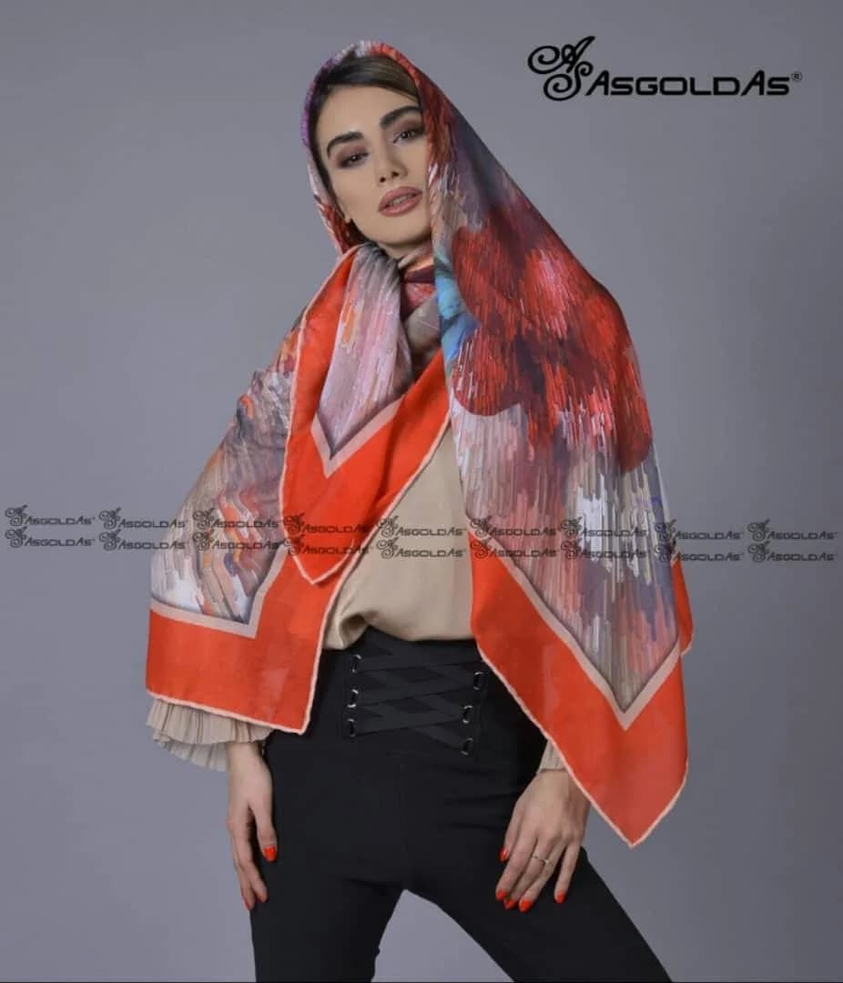روسری زنانه، رنگ نارنجی، قهوهای و کرم، روسری بزرگ قوارهدار