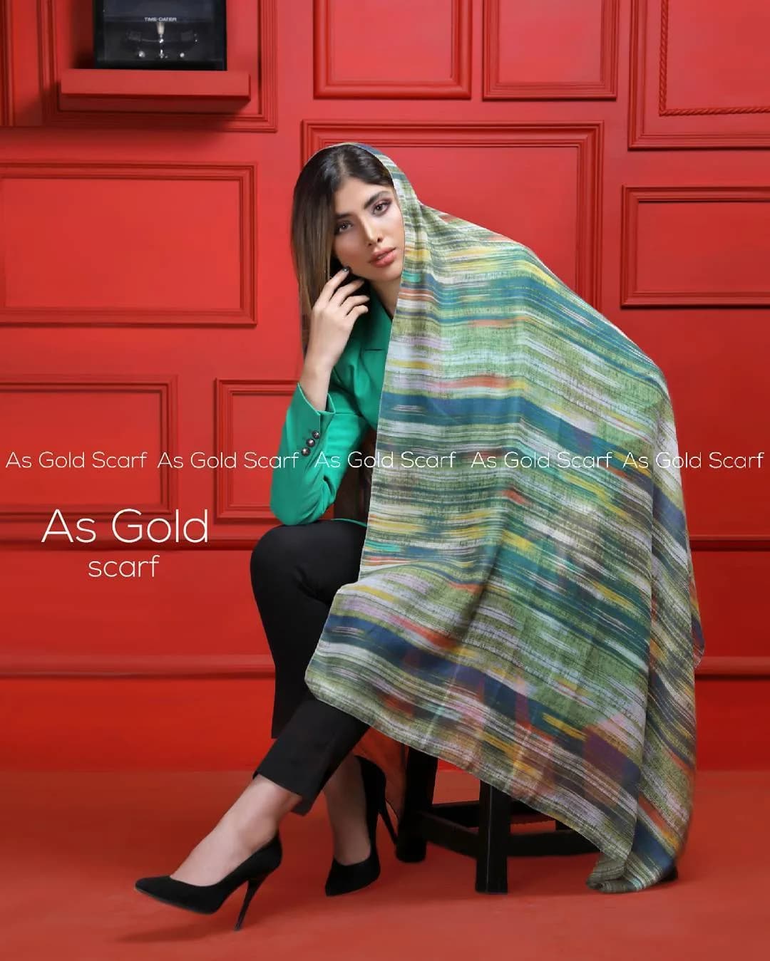 شال زنانه، رنگ سبز، آبی و زرد، طرح راهراه، مستطیلی