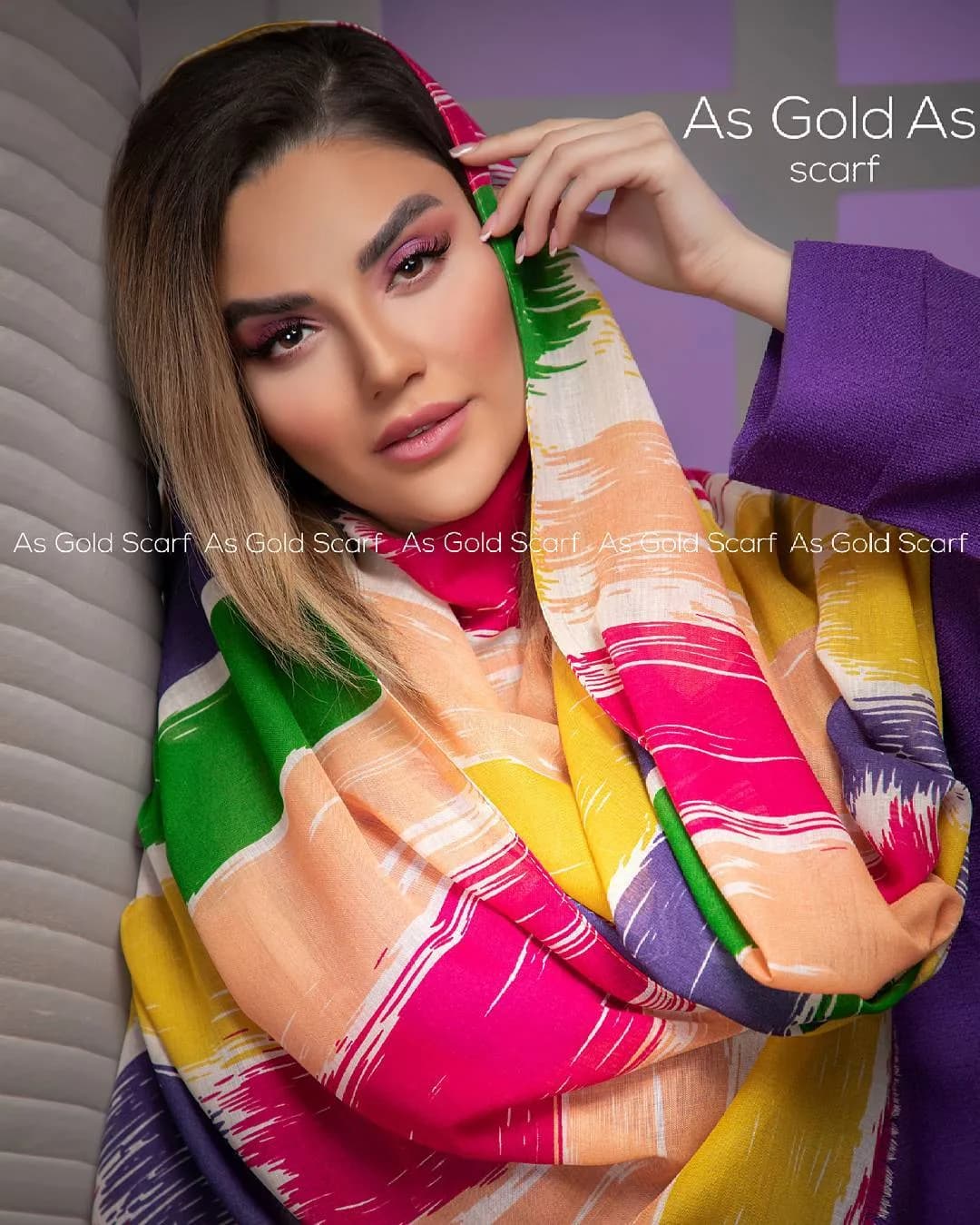 روسری زنانه، رنگ زرد، سبز و صورتی، طرح هندسی، مربع