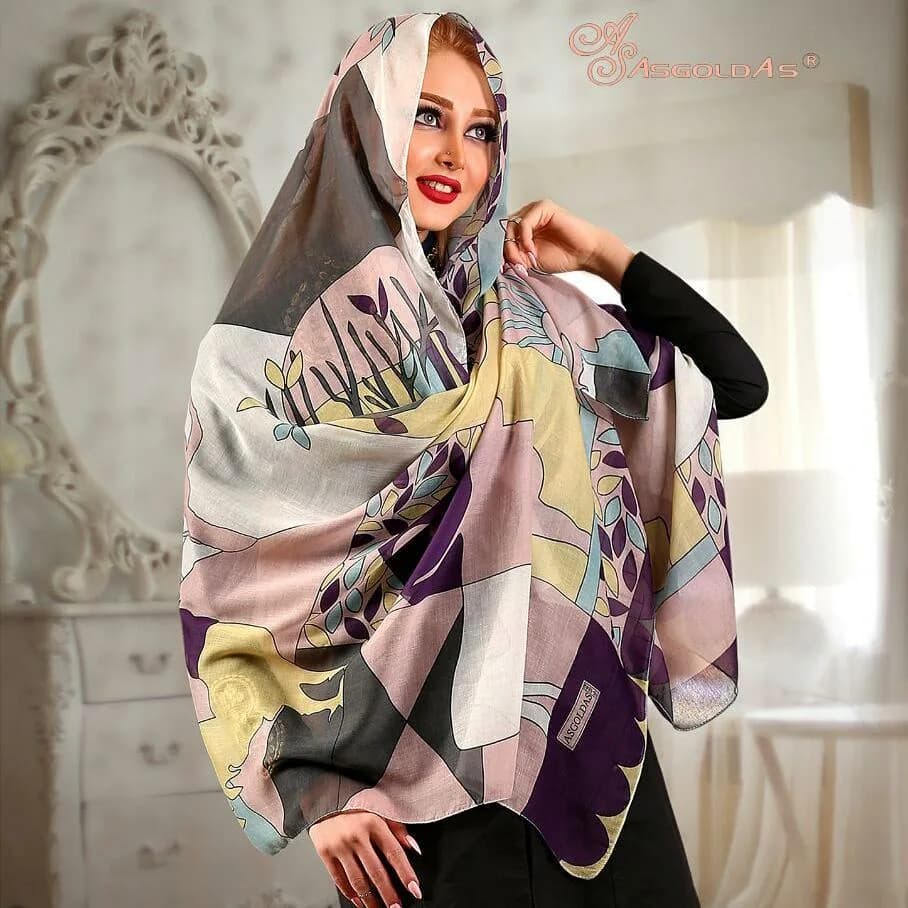 شال، رنگ سفید، بنفش، زرد و خاکستری، مستطیلی، بلند