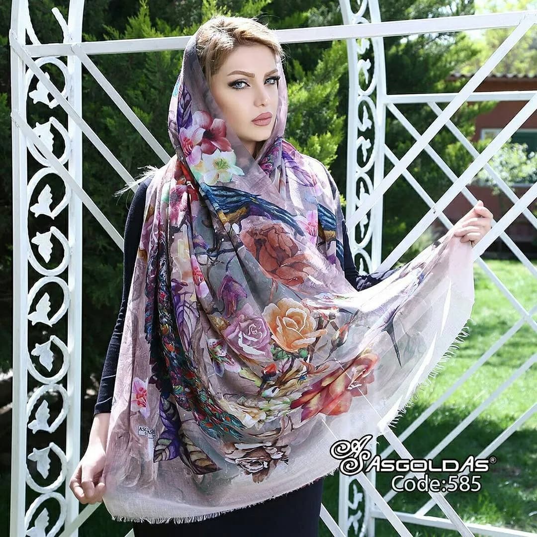 شال، رنگ خاکستری، صورتی و نارنجی، طرح گلدار، مستطیلی، بلند