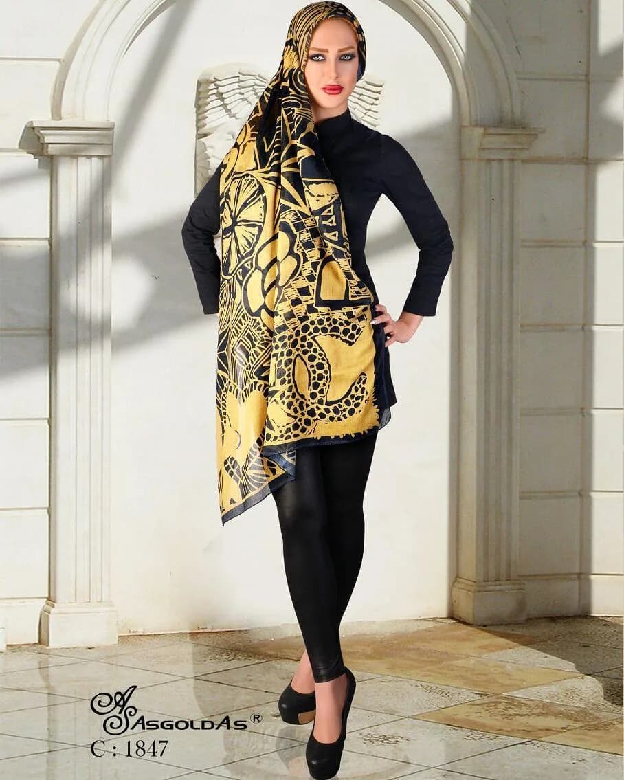 روسری زنانه، رنگ زرد و مشکی، طرح هندسی، مربع