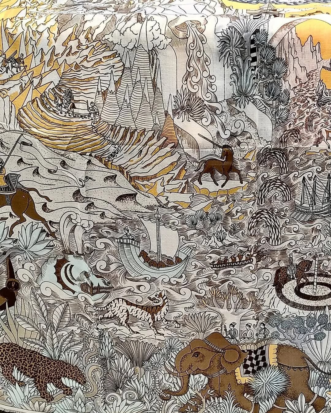 روسری سایز ۱۴۰ — رنگ زرد — نمای جزئیات — طرحدار