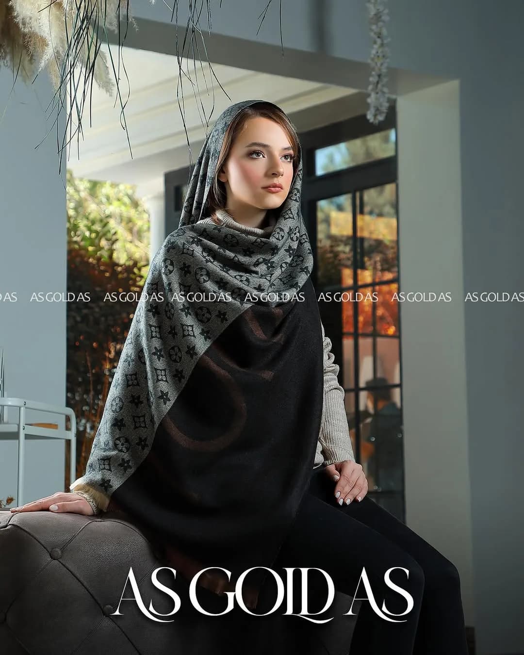 شال، رنگ خاکستری و مشکی، مستطیلی