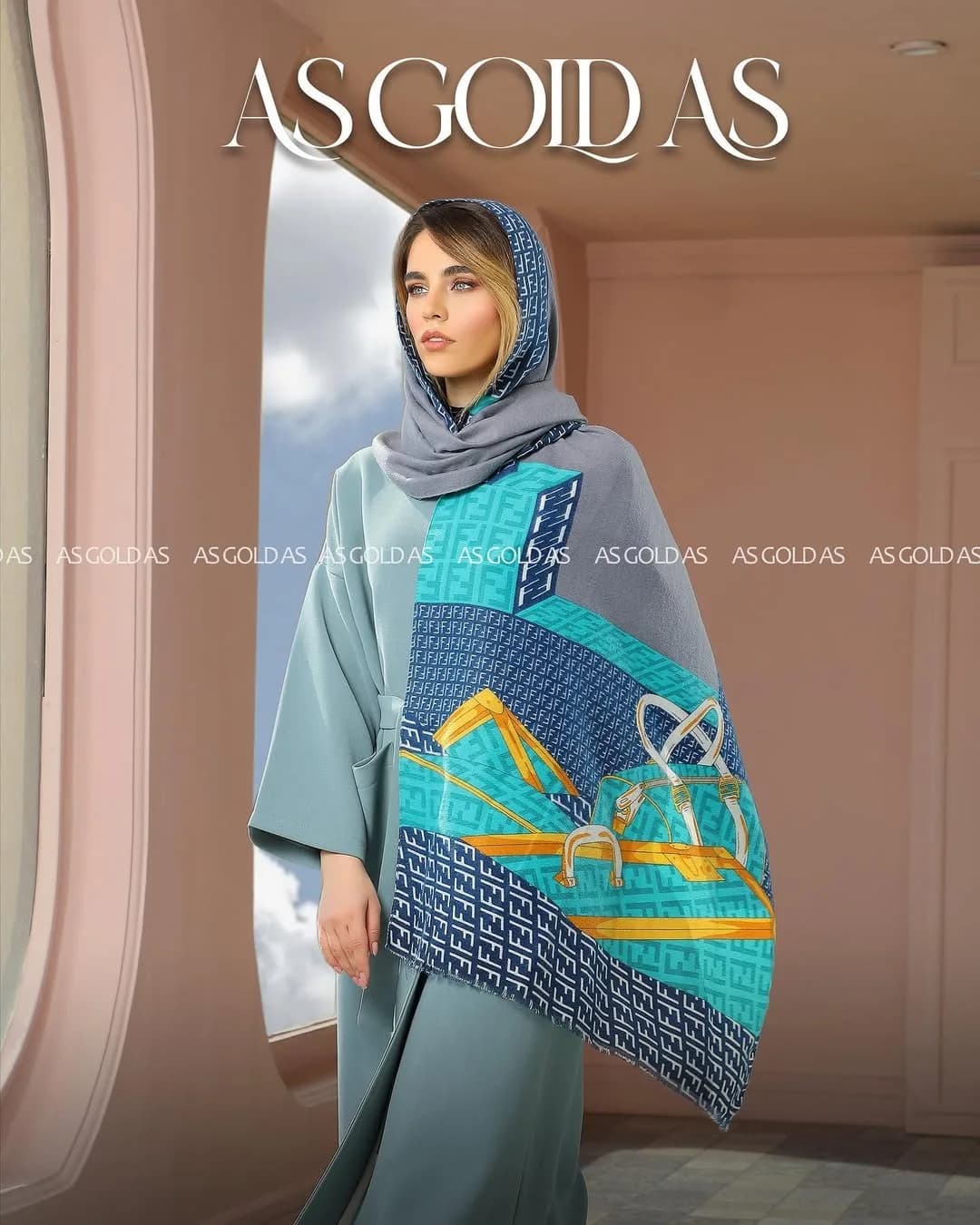 شال، رنگ خاکستری، آبی و زرد، مستطیلی، بلند