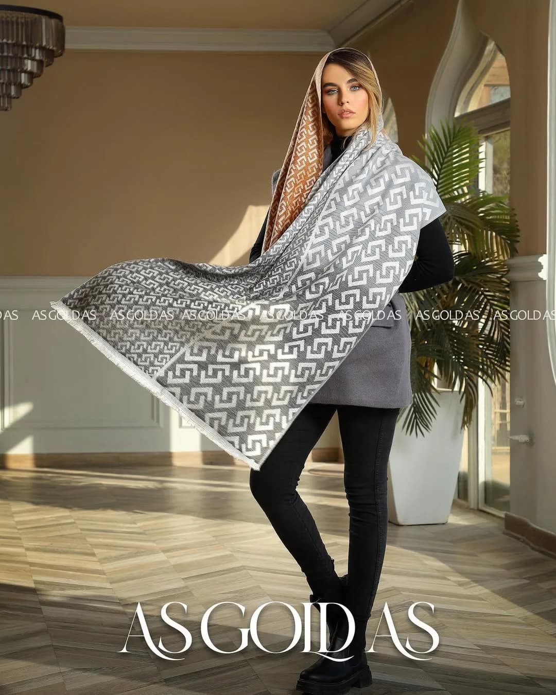 شال موهر کد ۱۰۰۳۴ اسگلداس، رنگ خاکستری و سفید، طرح هندسی، مستطیلی، بلند