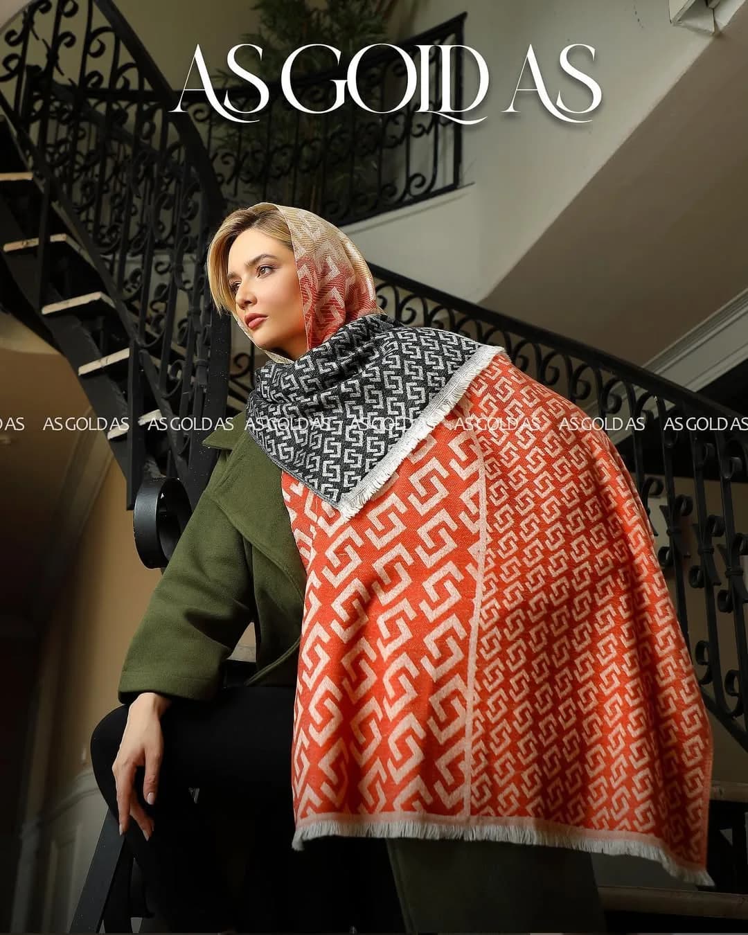 شال موهر کد ۱۰۰۳۴ اسگلداس، رنگ نارنجی، مشکی و سفید، طرح هندسی، مستطیلی، بلند