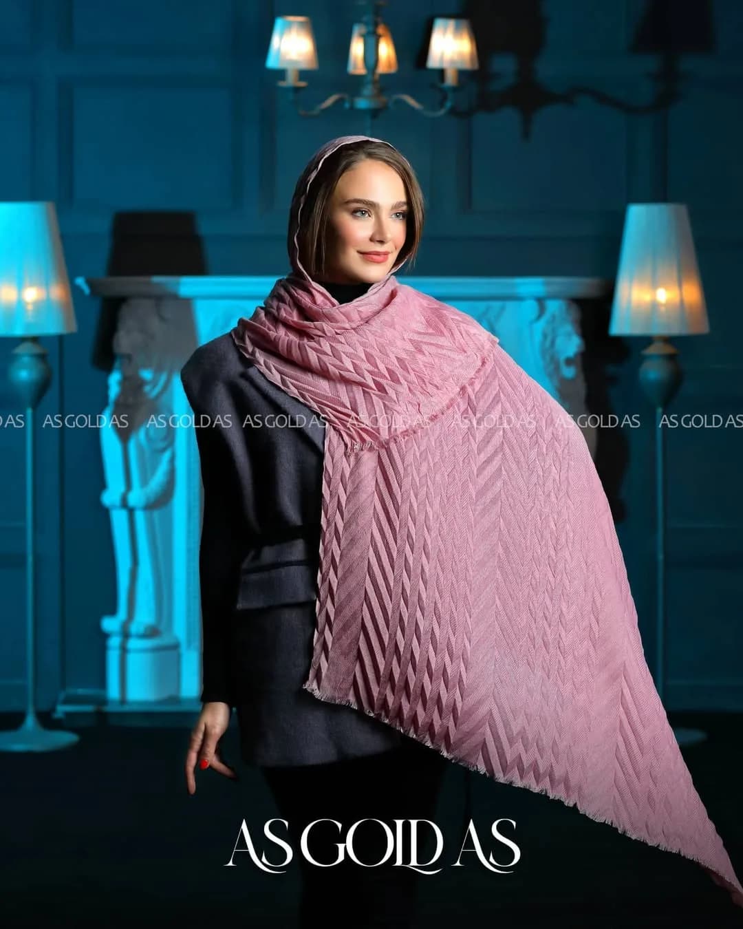 شال زنانه، رنگ صورتی، طرح هندسی، بلند چهارگوش