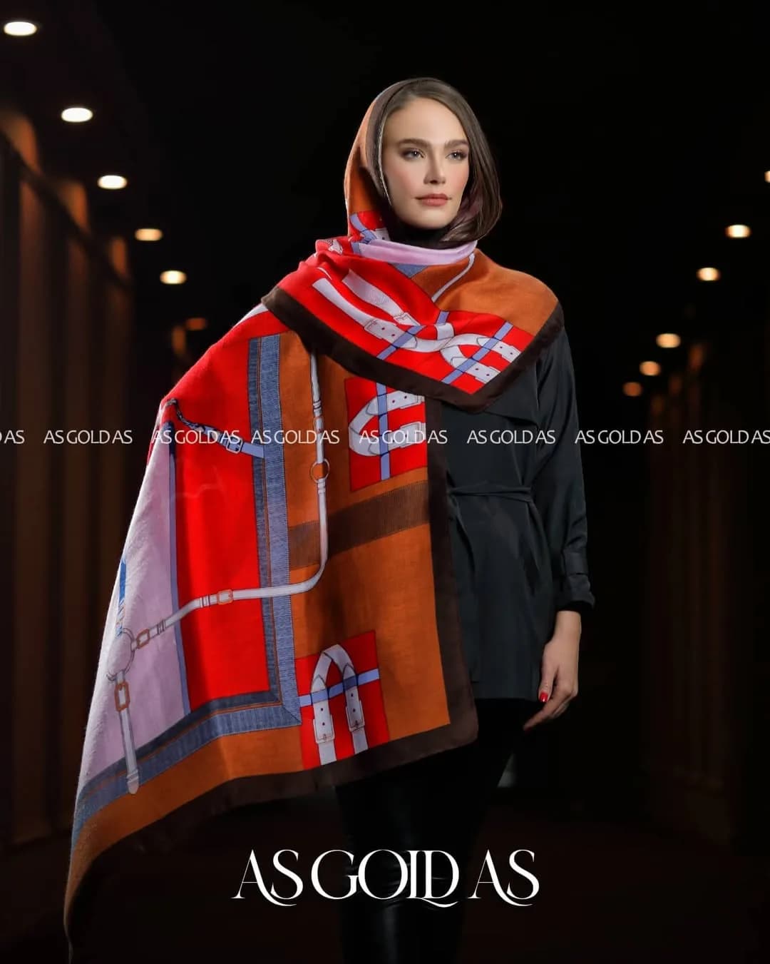 شال موهر کد ۱۰۰۴۶ آسگلداس، رنگ قرمز، نارنجی و قهوه‌ای، مستطیلی، بلند