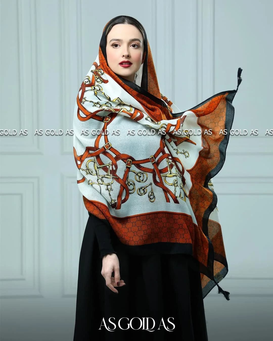 شال نخی ترک، رنگ سفید، نارنجی و سیاه، مستطیلی، بلند