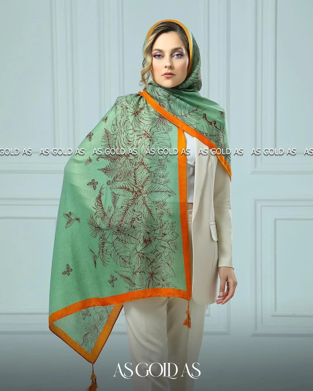 شال نخی ترک، رنگ سبز و نارنجی، طرح گلدار، مستطیلی، بلند