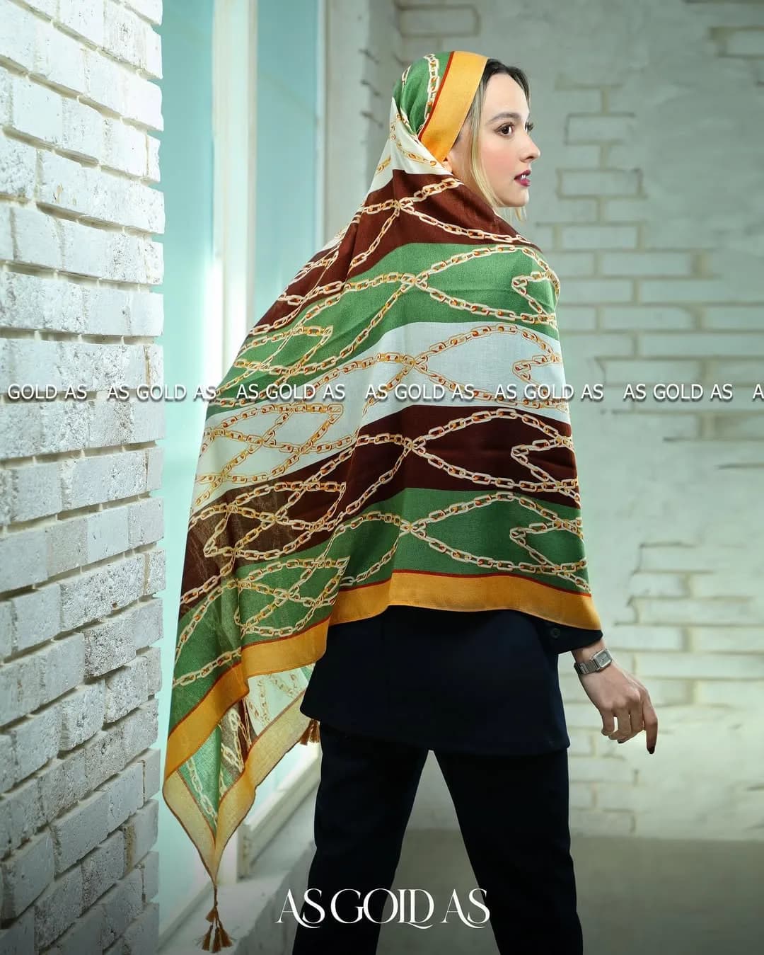 شال ترک نخی آسگلداس، رنگ سبز، قهوه‌ای و زرد، مستطیلی، با ریشه