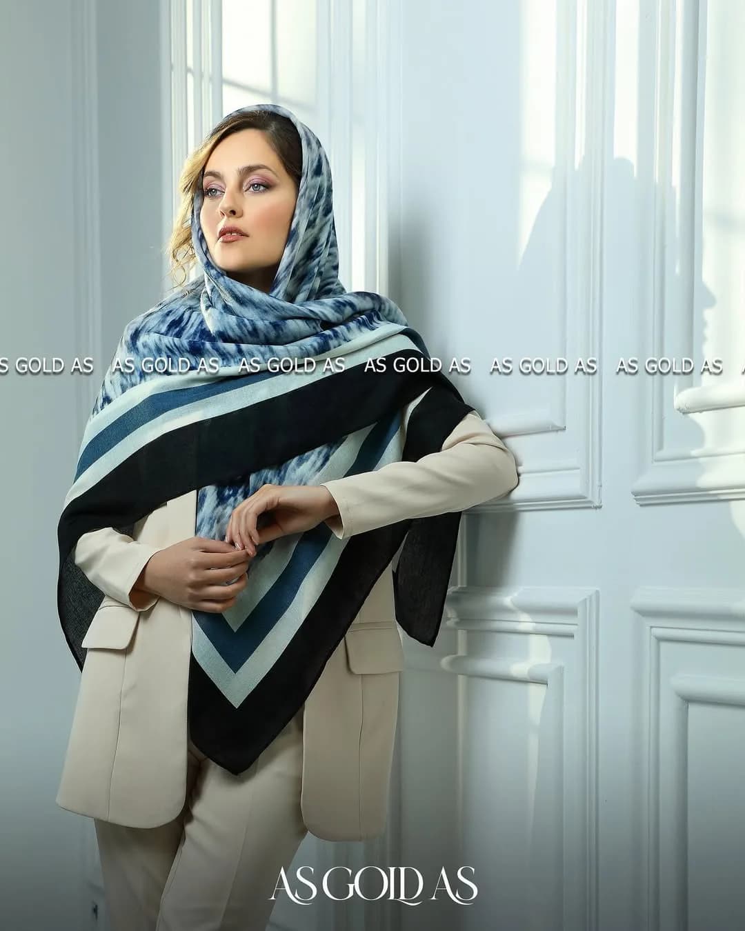 شال ترک سایز ۱۴۰ آسگلداس، رنگ آبی، مشکی و سفید، مستطیلی، بزرگ