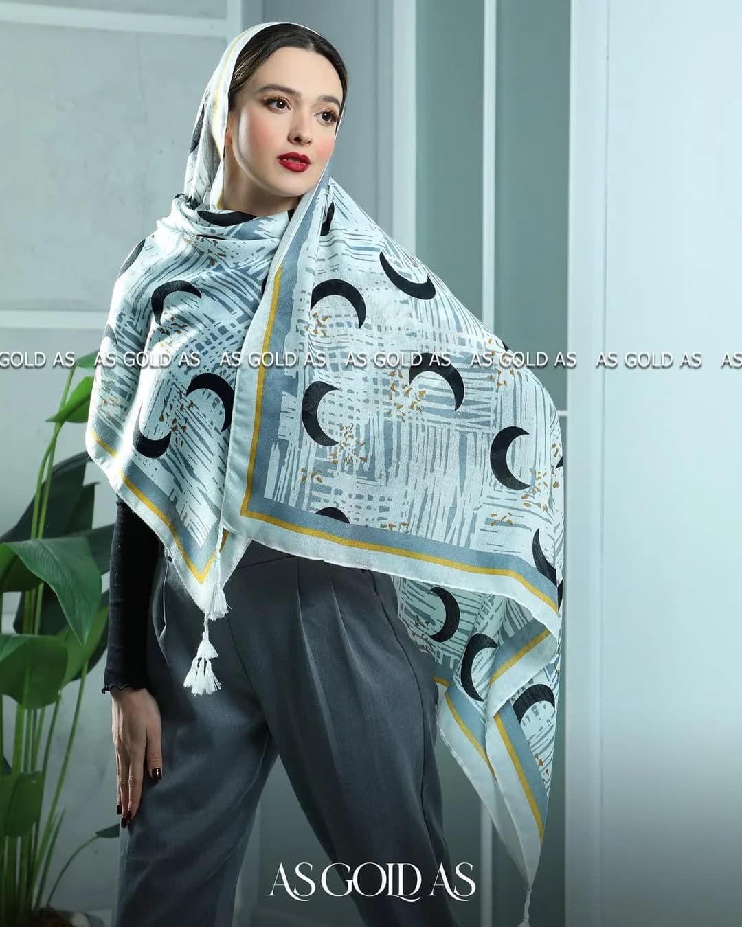 شال ترک نخی آسگلداس، رنگ سفید، آبی و زرد، مستطیلی، بزرگ