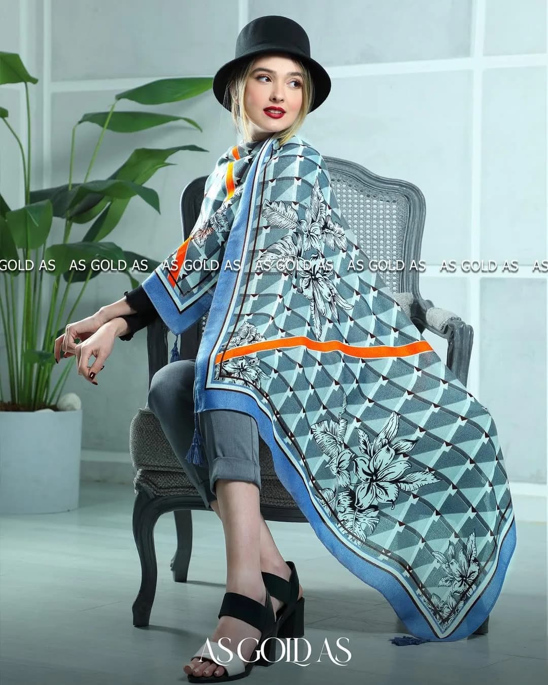 شال ترک نخی آسگلداس، رنگ آبی، خاکستری و نارنجی، طرح هندسی و گلدار، مستطیلی، بزرگ