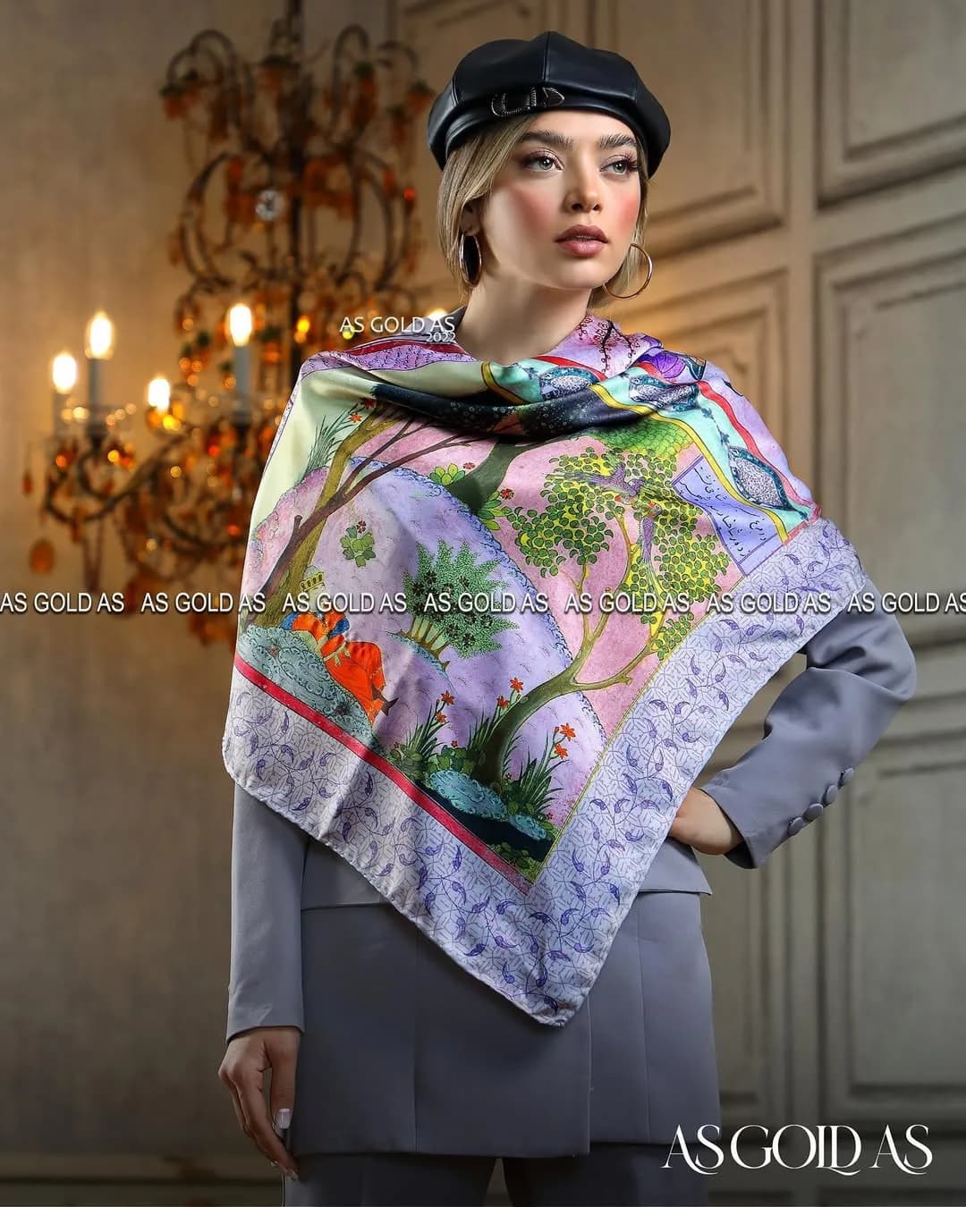 روسری ترک سایز ۱۱۰ کد ۶۵۱ آسگلداس، رنگ بنفش، سبز و صورتی، طرح گلدار، مربع