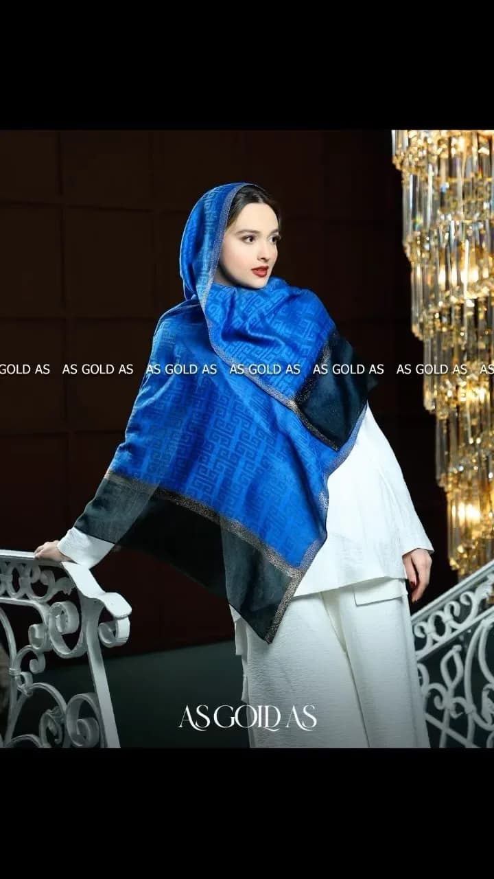 شال حریر زنانه، رنگ آبی و مشکی، طرح هندسی، مستطیلی، بلند