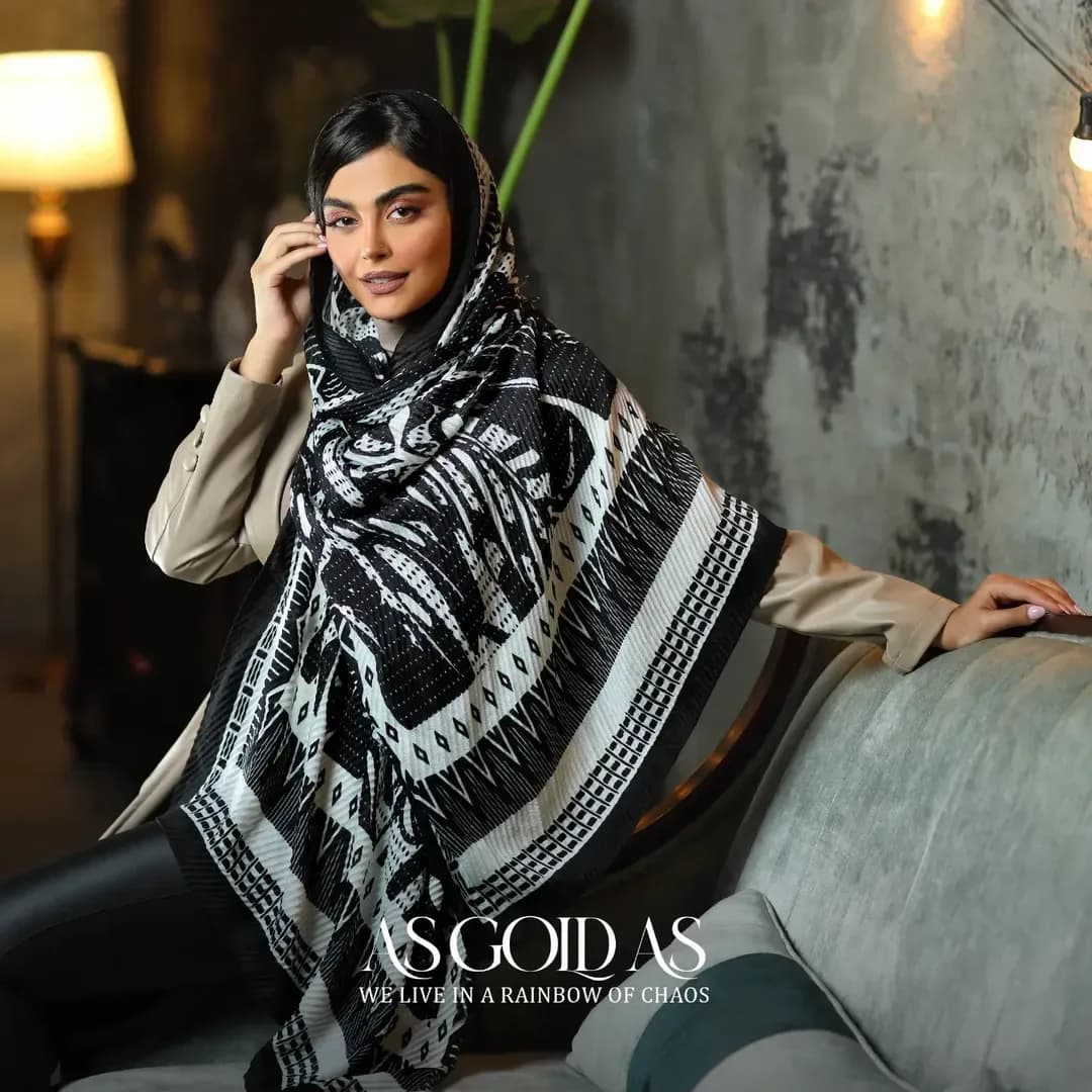 شال نخی کد ۱۰۱۰۵، رنگ سیاه و سفید، طرح هندسی، مستطیلی، بلند