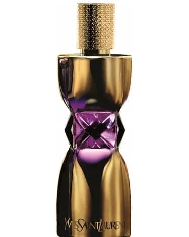 عطر مانیفستو له پرفیوم ایو سن لوران، رنگ طلایی و بنفش، جنس شیشه، بطری منحنی