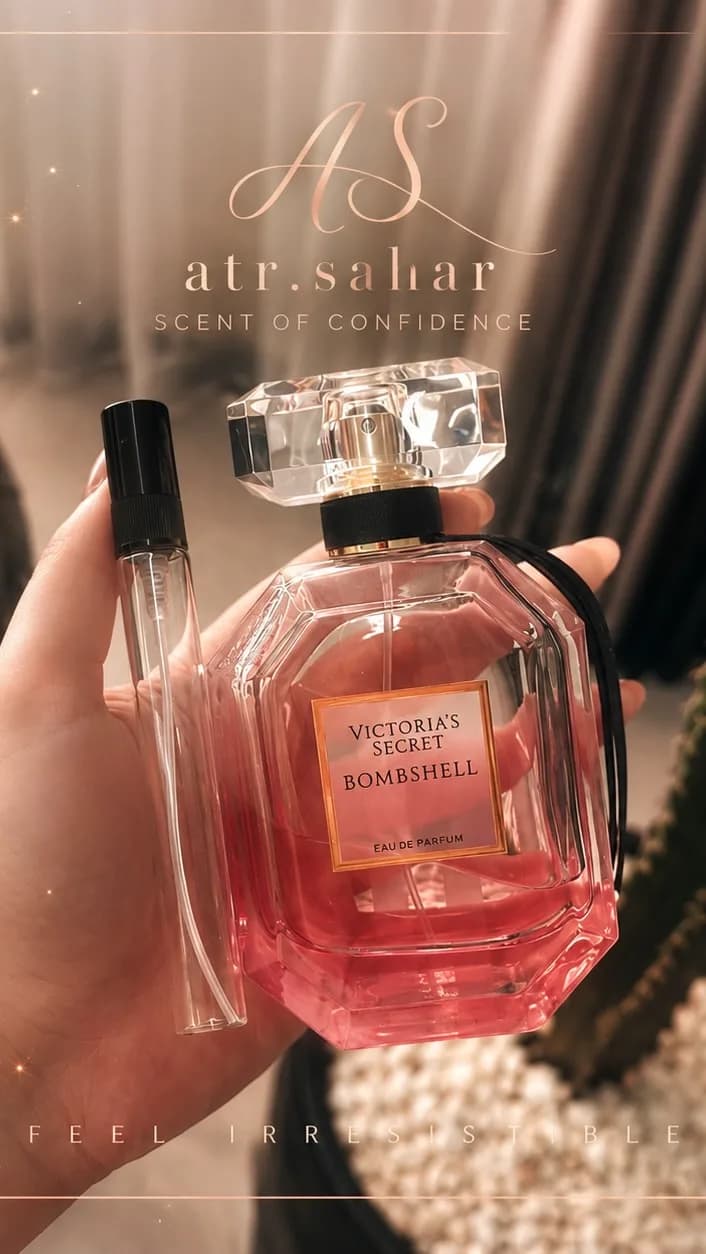 عطر بامبشل ویکتوریا سکرت، رنگ صورتی و شفاف، جنس شیشه، بطری چندضلعی