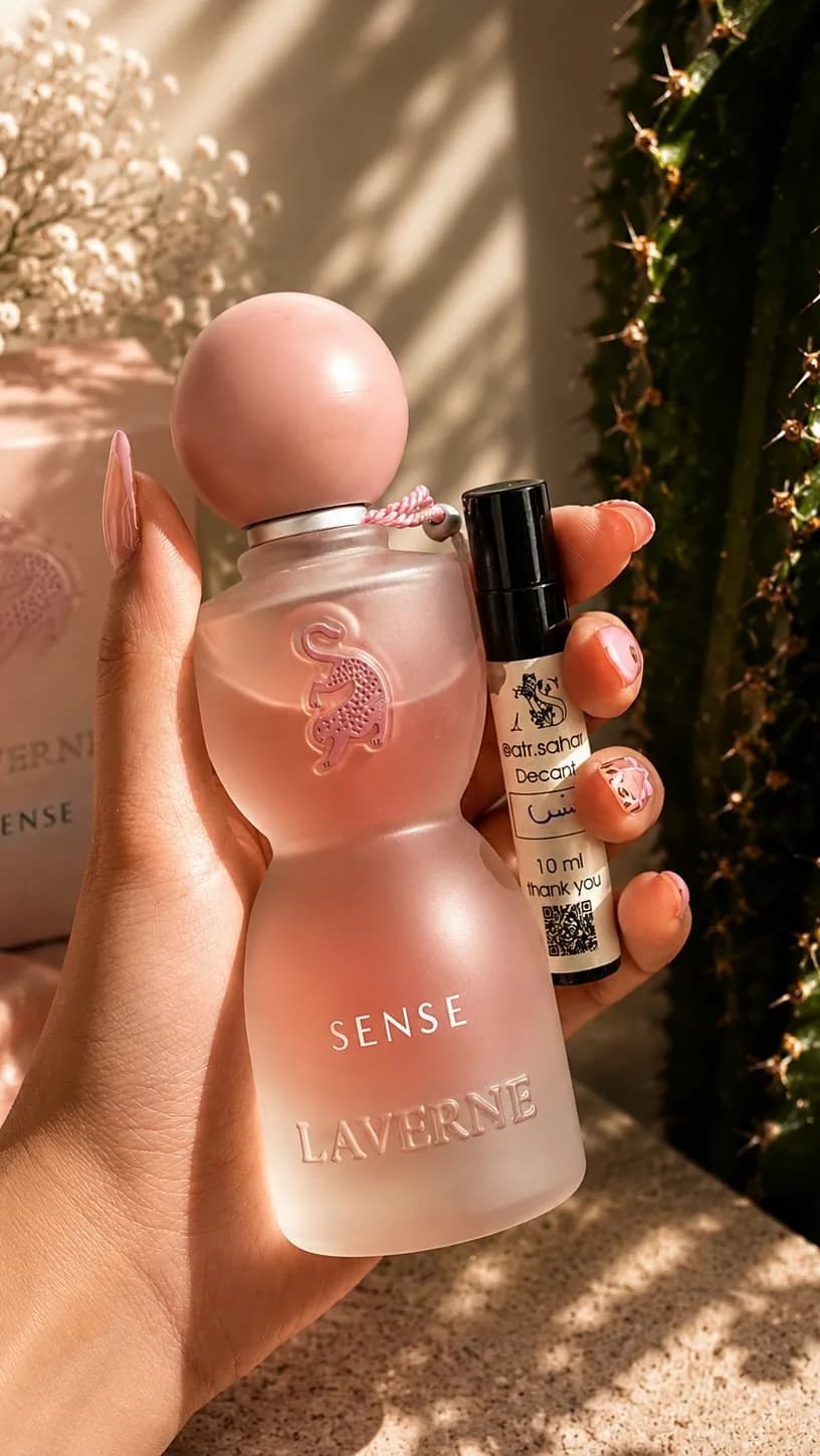 عطر سنس لاورن جورجینا، رنگ صورتی، جنس شیشه، بطری منحنی، درب گرد