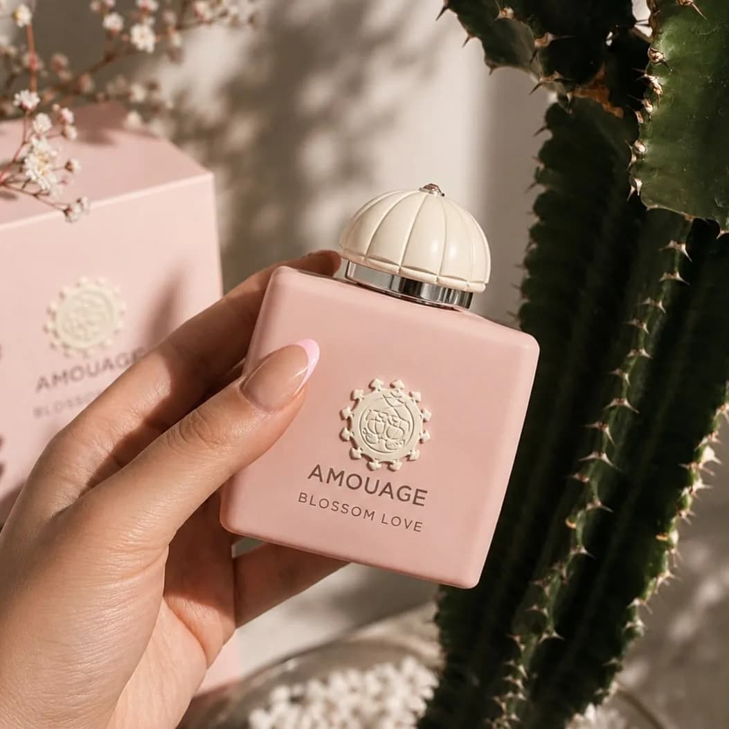 عطر بلوسوم لاو، رنگ صورتی، جنس شیشه، بطری مربعی با درب گرد