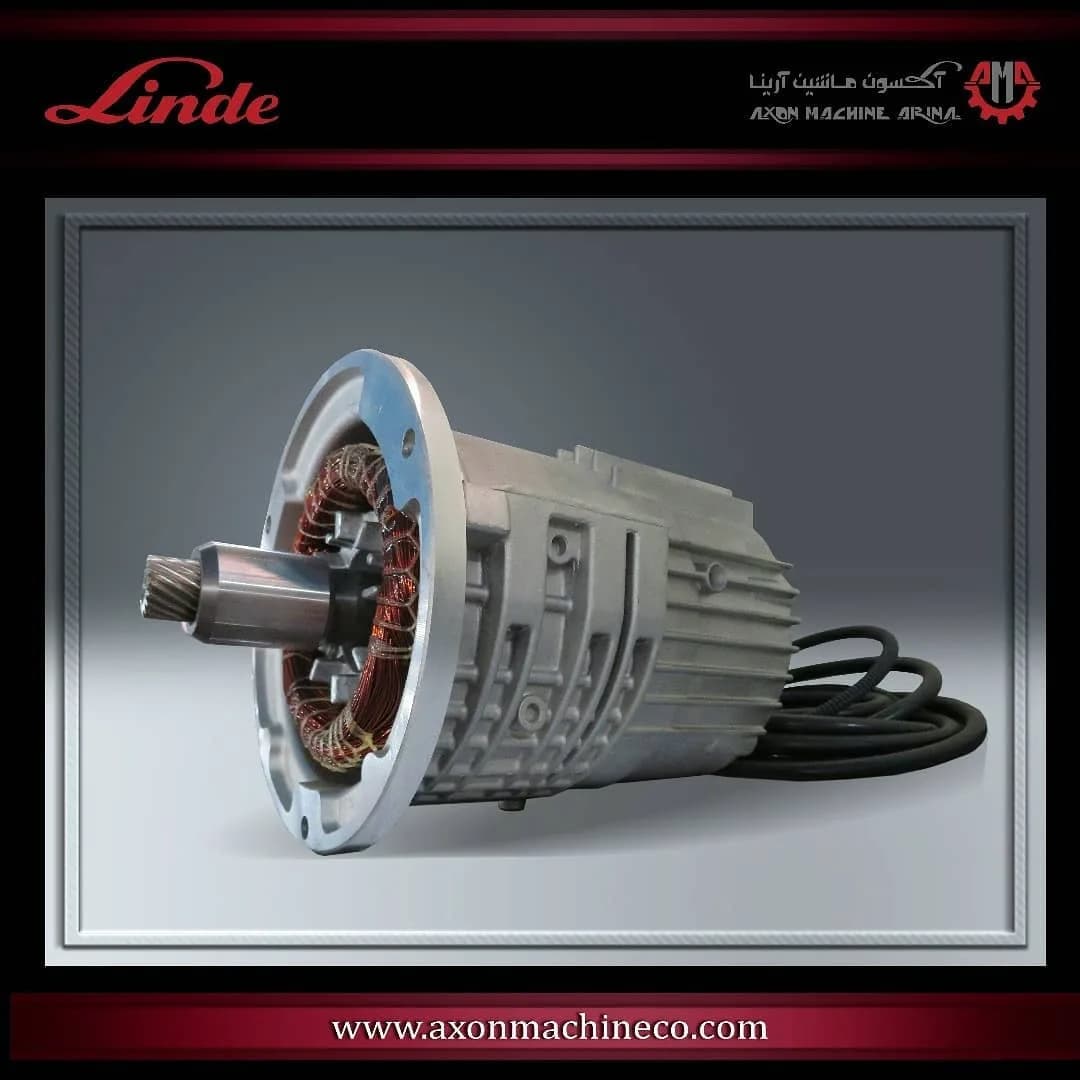 الکتروموتور لیفتراک برقی لینده، رنگ خاکستری، نقرهای و مسی، جنس فلز و مس، استوانهای صنعتی