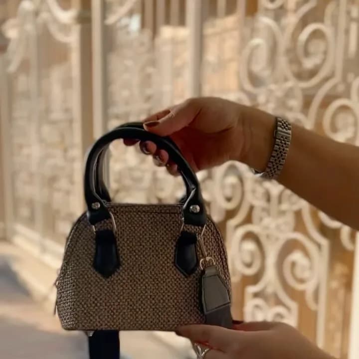 کیف دستی هریس، رنگ مشکی، سفید و طلایی، جنس چرم، کوچک، زیپدار