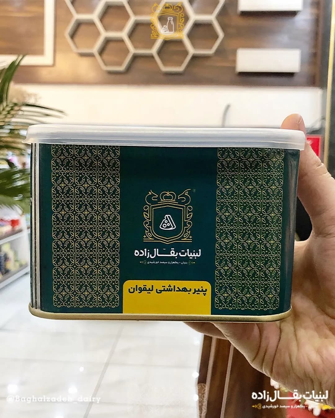 پنیر لیقوان، رنگ سبز تیره و زرد، جنس پلاستیک، طرح هندسی، ظرف مستطیلی