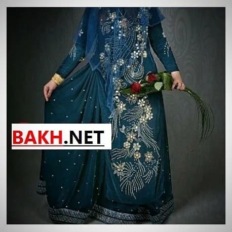 لباس محلی مجلسی زنانه مدل ۵۶، رنگ سرمهای و نقرهای، جنس مخمل، طرح گلدوزی، بلند، آستین بلند