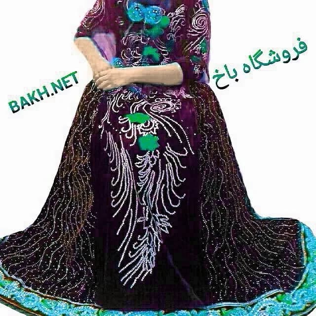 ست لباس محلی مدل ۱۹۵، رنگ بنفش و سبز، جنس مخمل، طرح گلدوزی، بلند، آستین بلند، گشاد