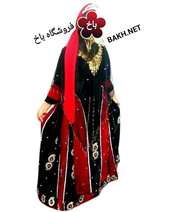 ست لباس محلی، رنگ مشکی، قرمز و طلایی، جنس مخمل، طرح گلدوزی، بلند، گشاد، آستین بلند