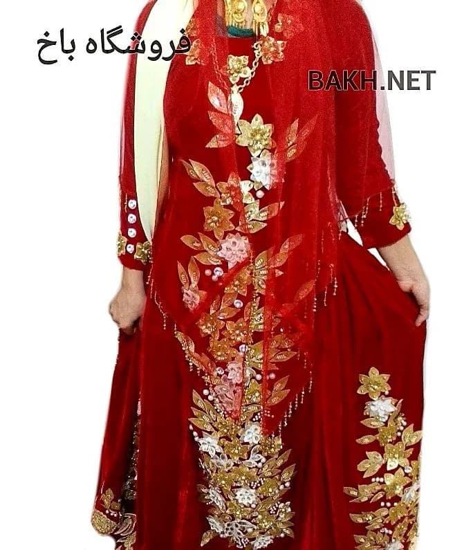 لباس عروس محلی مخمل، رنگ قرمز، طلایی و سفید، طرح گلدوزی، مانتو بلند، دامنبلند