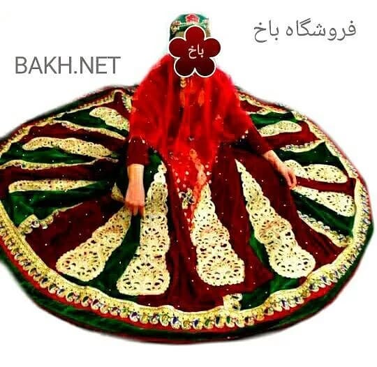ست لباس محلی مخمل دامن هفتمتری، رنگ قرمز، سبز و طلایی، طرح گلدوزی، مانتو بلند، دامنپهن