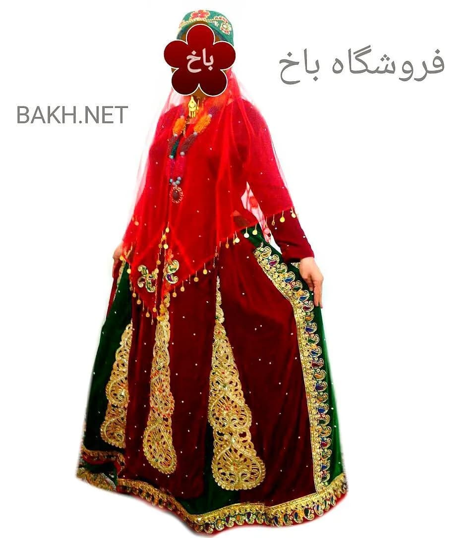 ست لباس محلی مخمل دامن هفتمتری، رنگ قرمز، سبز و طلایی، طرح گلدوزی، مانتو بلند، دامنبلند