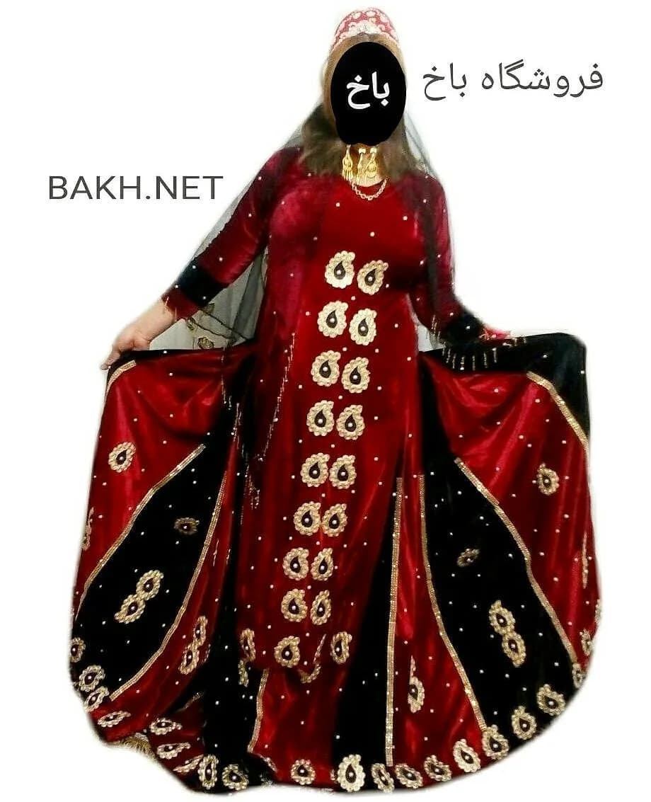 ست لباس محلی مخمل دامن هفتمتری، رنگ قرمز، مشکی و طلایی، طرح گلدوزی، مانتو بلند، دامنپهن