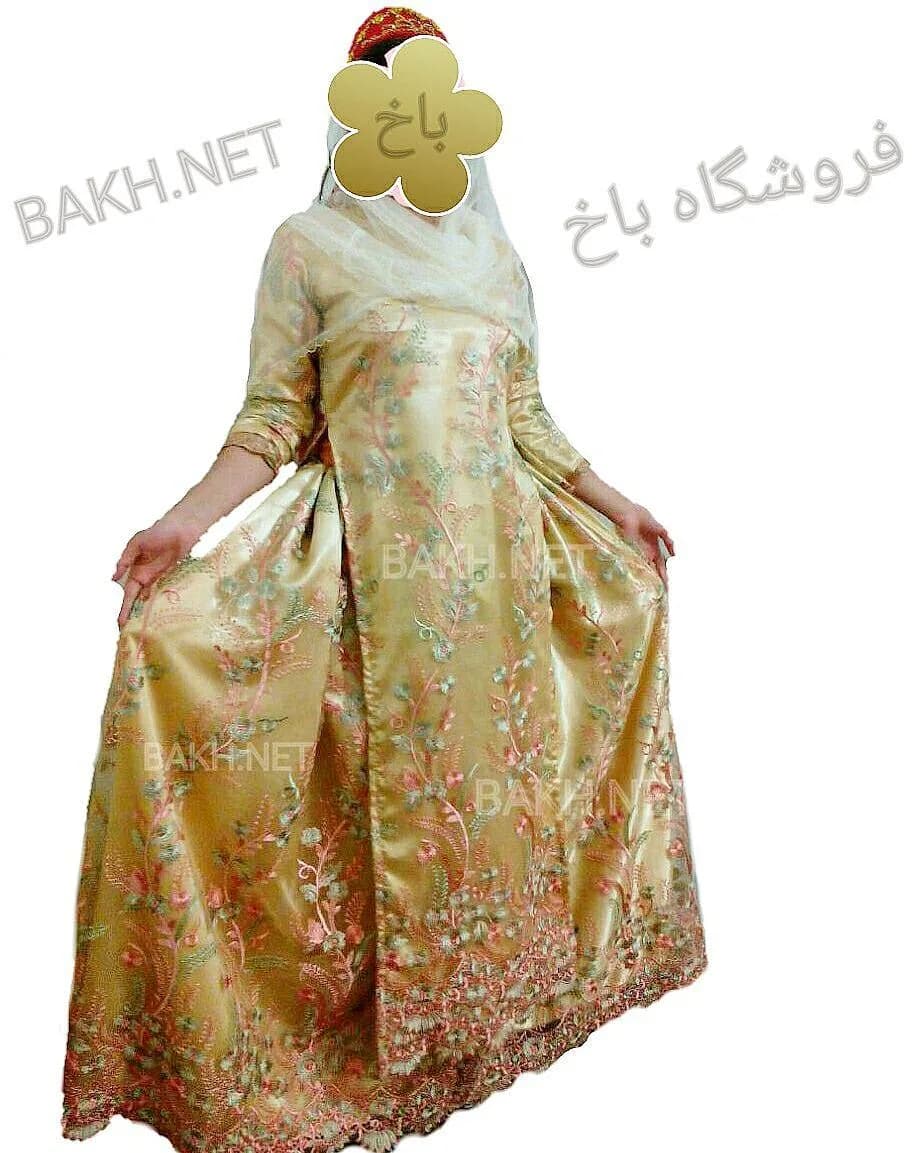 ست لباس محلی بختیاری تور، رنگ طلایی، سبز و صورتی، جنس ساتن، طرح گلدار، بلند، آستینبلند، جذب